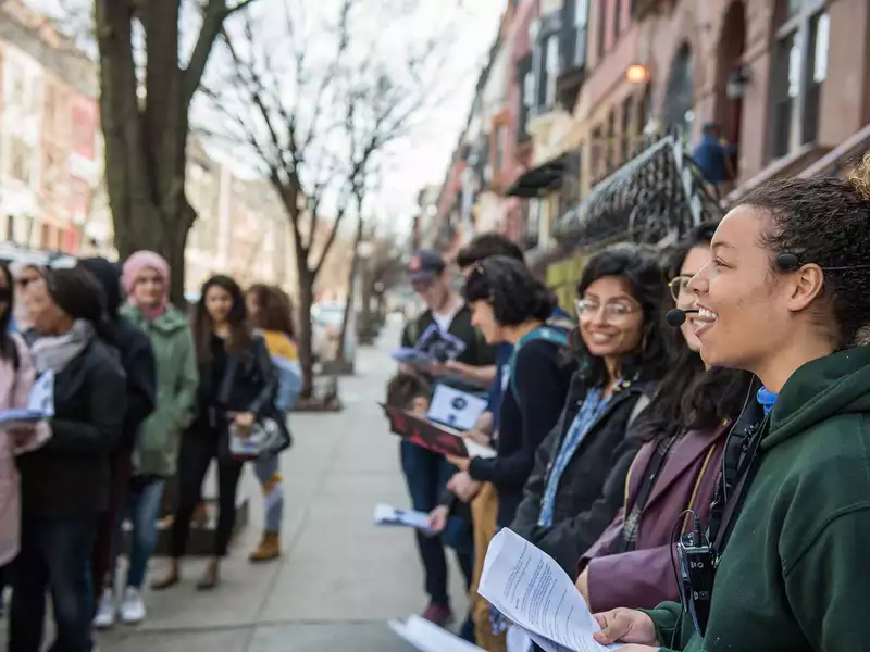 Asha Futterman leading the first Radical Black Women Walking Tour on April 7, 2019, with over 35 people in attendance, co-facilitated by Mariame Kaba.